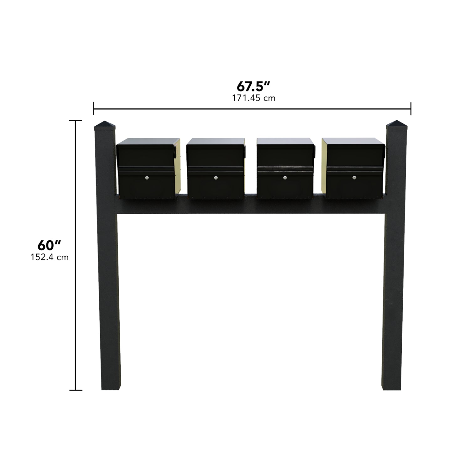 Quad Mount MailVault Mailbox Rack /w/ Pyramid Caps (4 Mailboxes, Quad Mount Rack /w/ MV Hardware)