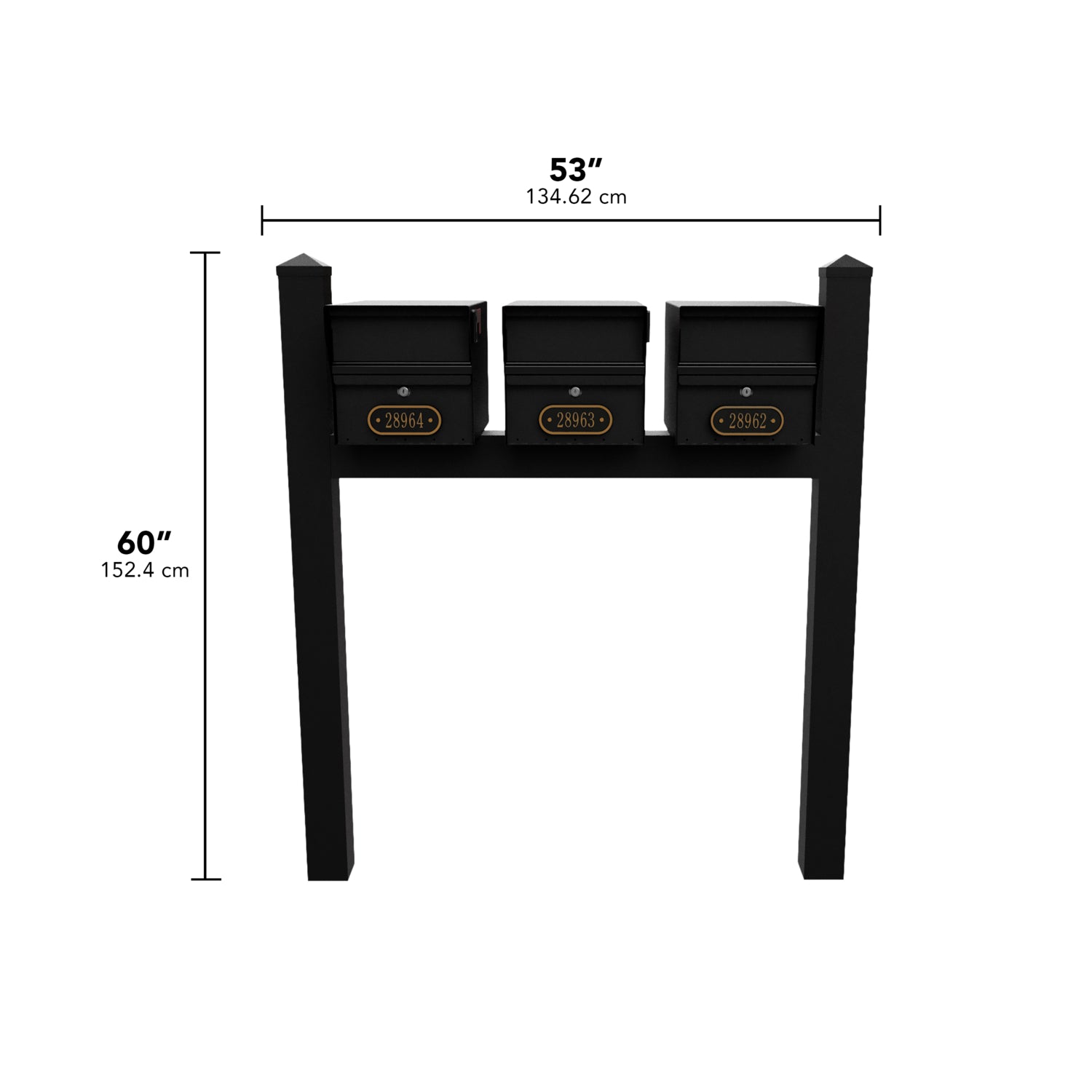 Triple Mount MailVault Mailbox Rack /w/ Pyramid Caps & Personalized Door Plaques (3 Mailboxes, Tri-Mount Rack /w/ MV Hardware, 3 Door Plaques)