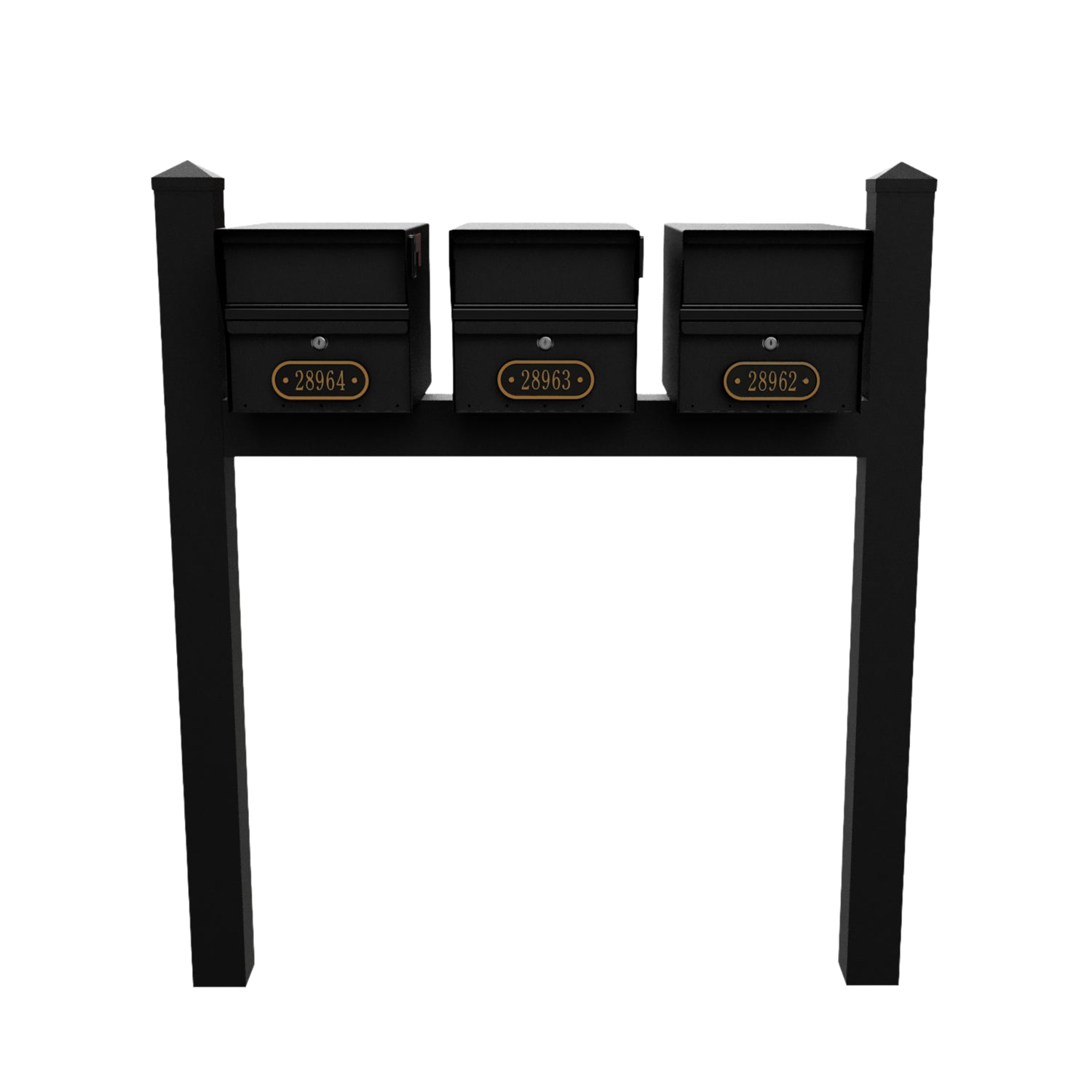 Triple Mount MailVault Mailbox Rack /w/ Pyramid Caps & Personalized Door Plaques (3 Mailboxes, Tri-Mount Rack /w/ MV Hardware, 3 Door Plaques)