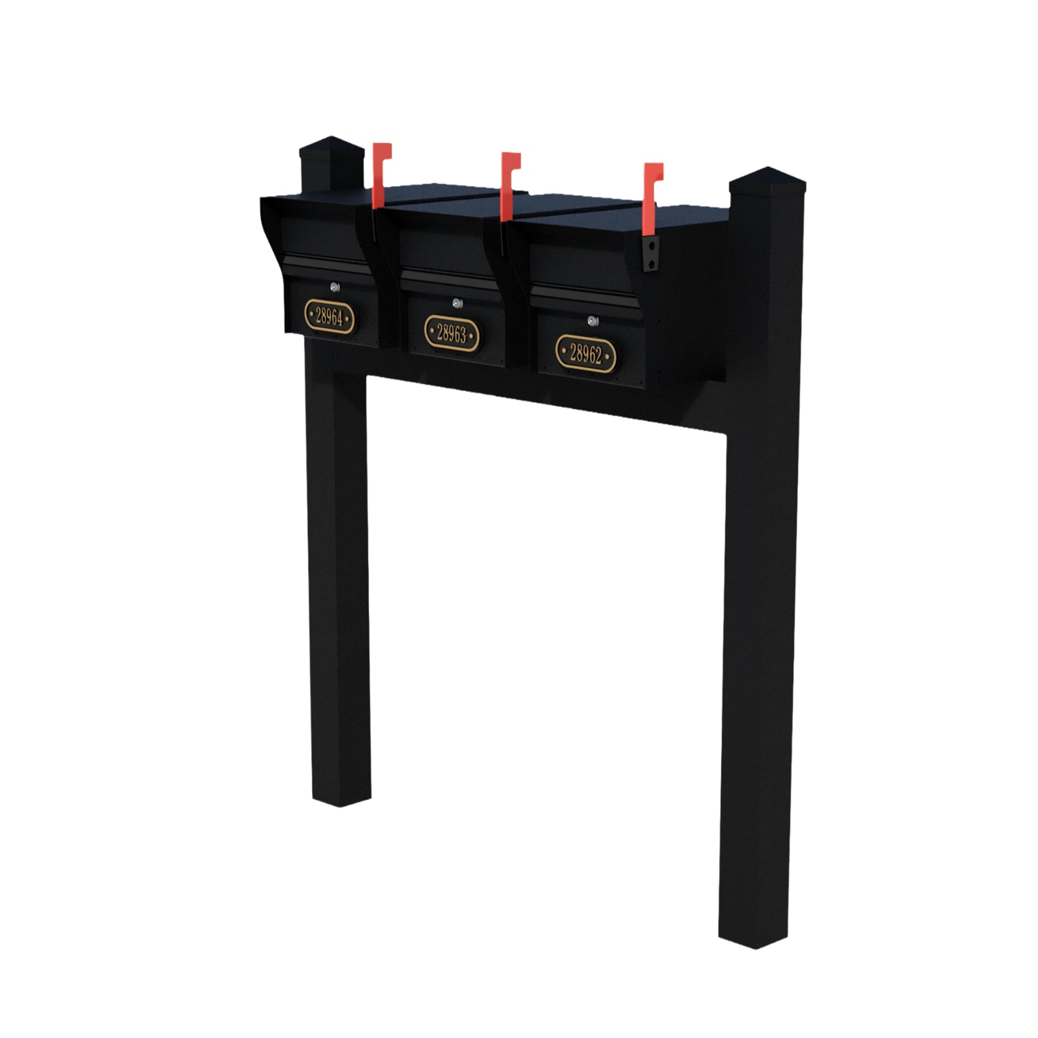 Triple Mount MailVault Mailbox Rack /w/ Pyramid Caps & Personalized Door Plaques (3 Mailboxes, Tri-Mount Rack /w/ MV Hardware, 3 Door Plaques)