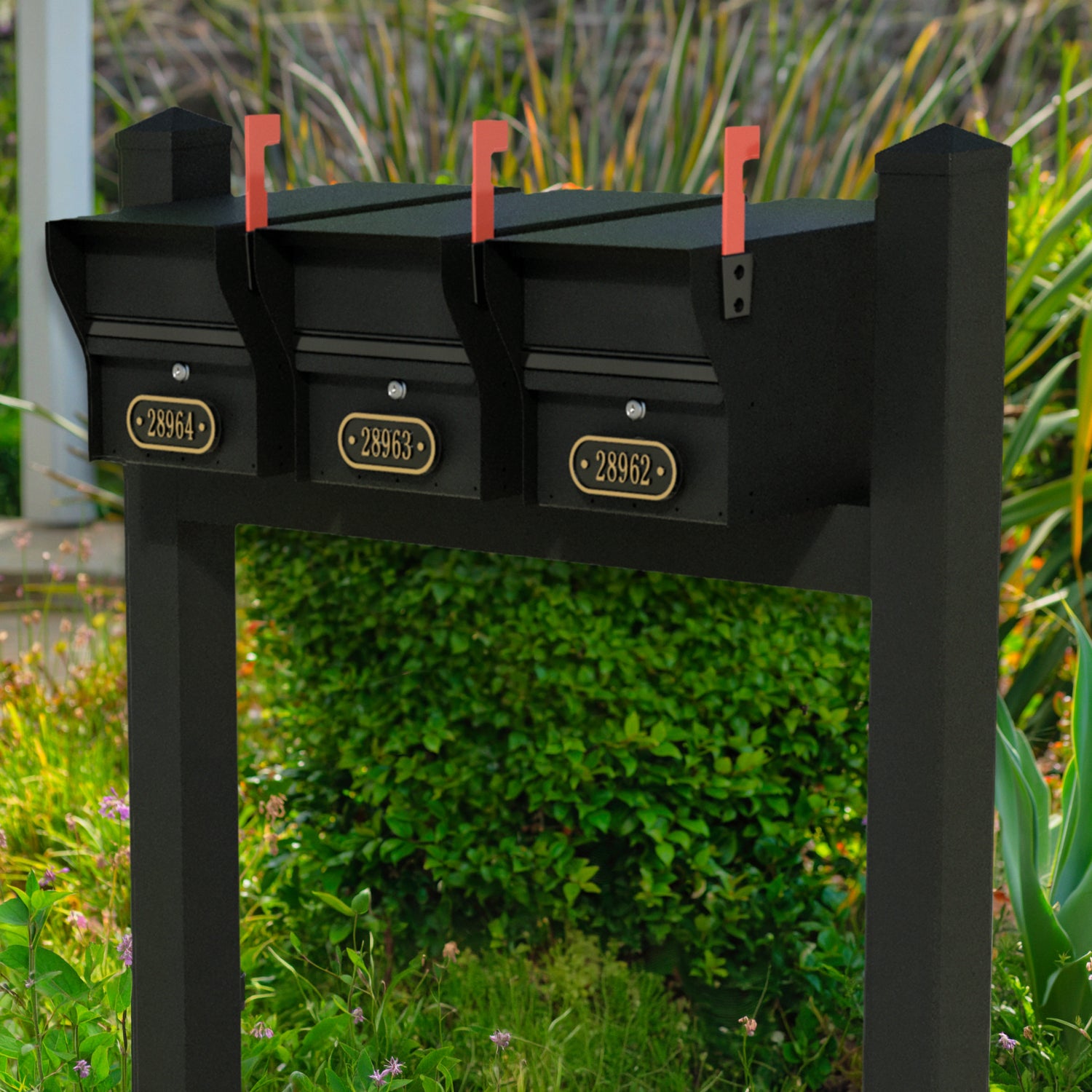 Triple Mount MailVault Mailbox Rack /w/ Pyramid Caps & Personalized Door Plaques (3 Mailboxes, Tri-Mount Rack /w/ MV Hardware, 3 Door Plaques)