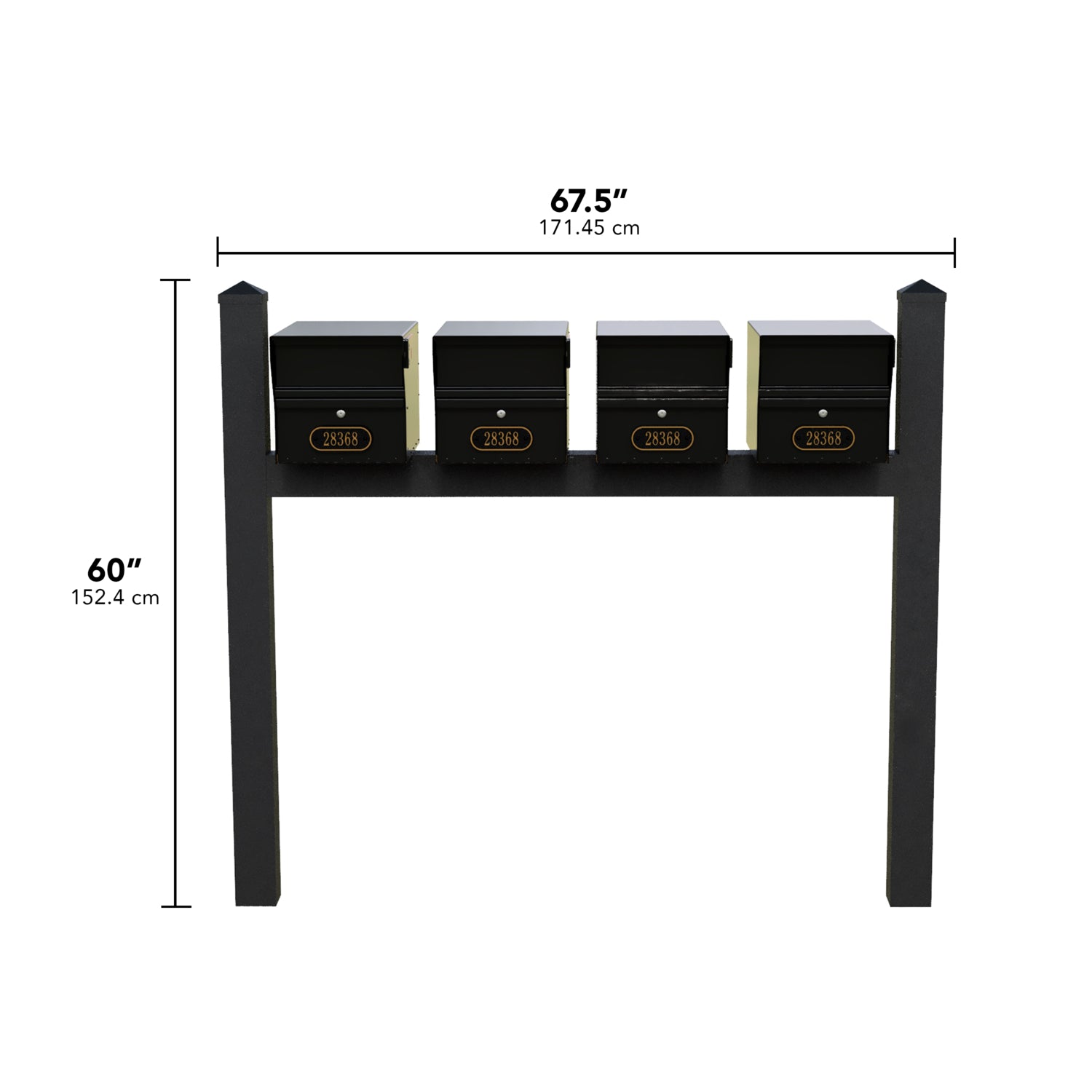 Quad Mount MailVault Mailbox Rack /w/ Pyramid Caps & Personalized Door Plaques (4 Mailboxes, Quad Mount Rack /w/ MV Hardware, 4 Door Plaques)