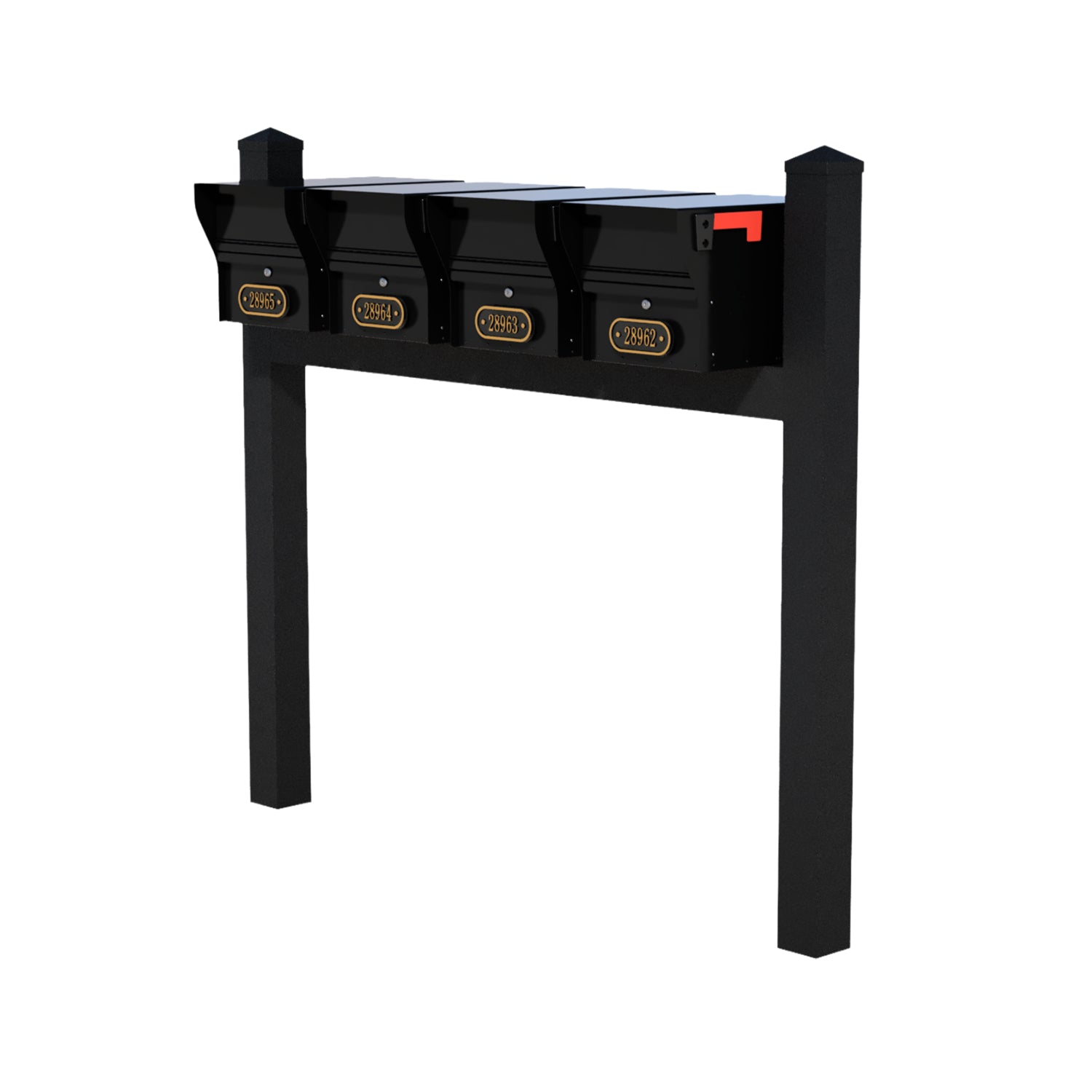 Quad Mount MailVault Mailbox Rack /w/ Pyramid Caps & Personalized Door Plaques (4 Mailboxes, Quad Mount Rack /w/ MV Hardware, 4 Door Plaques)