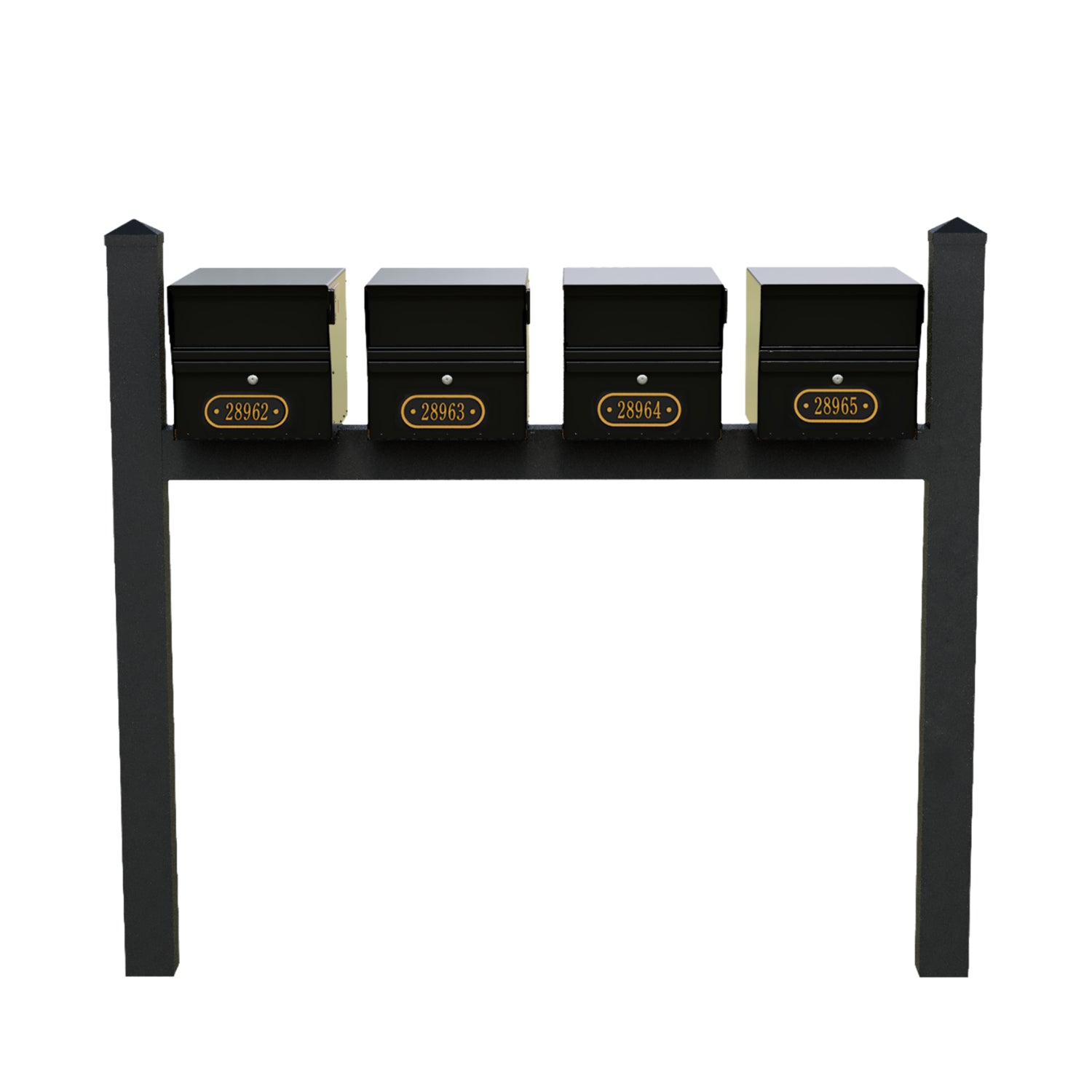 Quad Mount MailVault Mailbox Rack /w/ Pyramid Caps & Personalized Door Plaques (4 Mailboxes, Quad Mount Rack /w/ MV Hardware, 4 Door Plaques)
