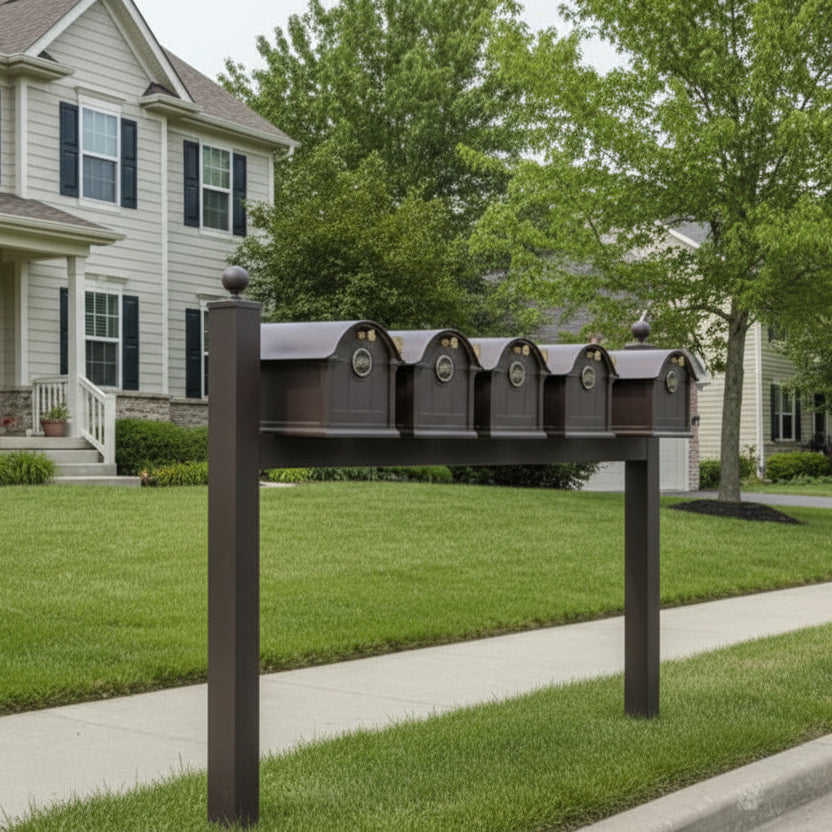 Balmoral Quint Mount Mailbox /w/ Ball Finials & Personalized Door Medallion (5 Mailboxes, Quint Mount Rack, 5 Medallions)