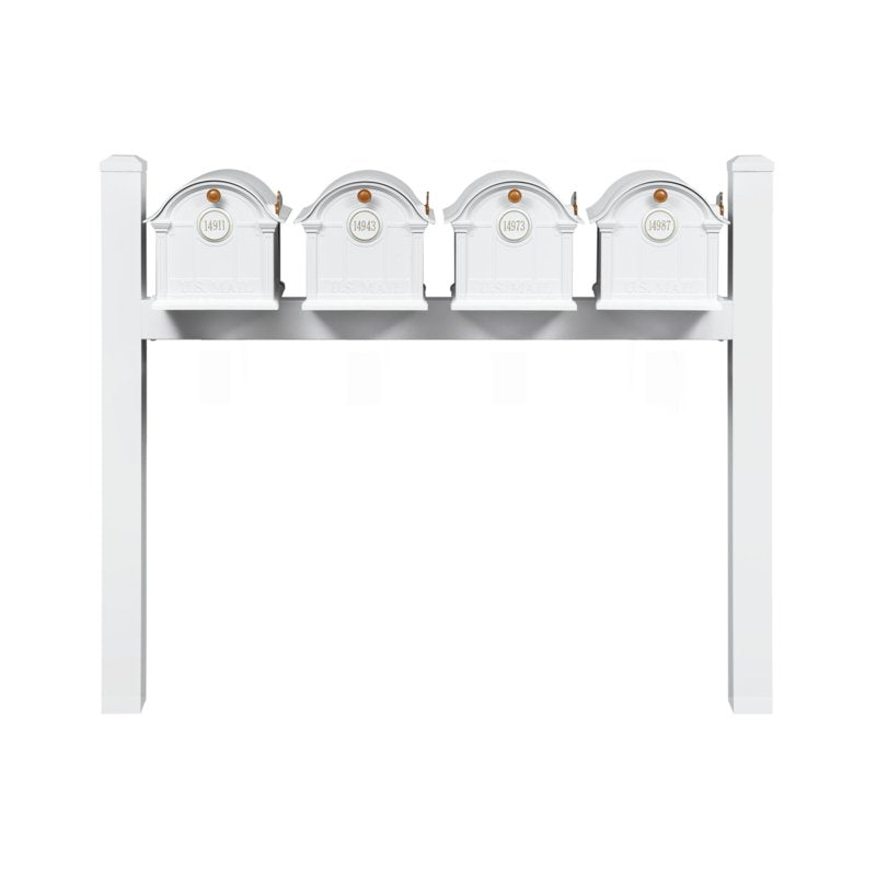 Balmoral Quad Mount Mailbox /w/ Pyramid Caps & Personalized Door Medallion (4 Mailboxes, Quad Mount Rack, 4 Medallions)