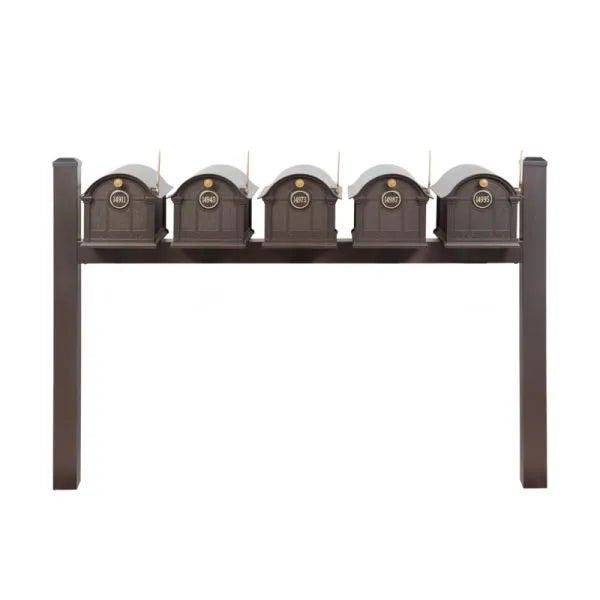 Balmoral Quint Mount Mailbox /w/ Ball Finials, Personalized Door Medallion, Newspaper Box (5 Mailboxes, Tri-Mount Rack, 5 Newspaper Boxes, 5 Medallions)