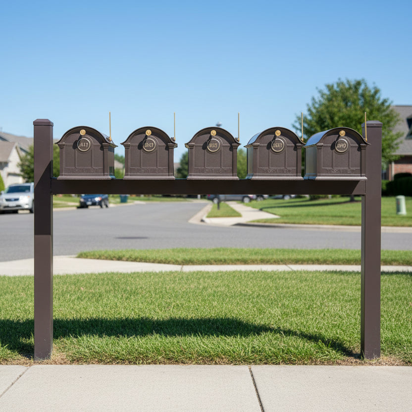 Balmoral Quint Mount Mailbox /w/ Ball Finials, Personalized Door Medallion, Newspaper Box (5 Mailboxes, Tri-Mount Rack, 5 Newspaper Boxes, 5 Medallions)