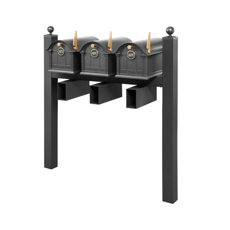 Balmoral Triple Mount Mailbox /w/ Ball Finials, Personalized Door Medallion, Newspaper Box (3 Mailboxes, Tri-Mount Rack, 3 Newspaper Boxes, 3 Medallions)