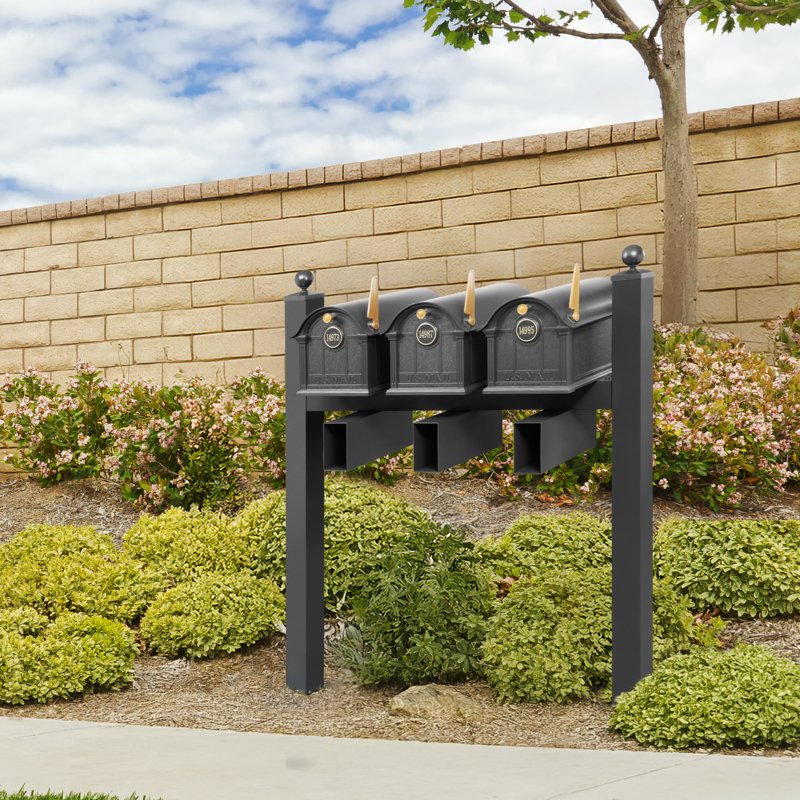Balmoral Triple Mount Mailbox /w/ Ball Finials, Personalized Door Medallion, Newspaper Box (3 Mailboxes, Tri-Mount Rack, 3 Newspaper Boxes, 3 Medallions)