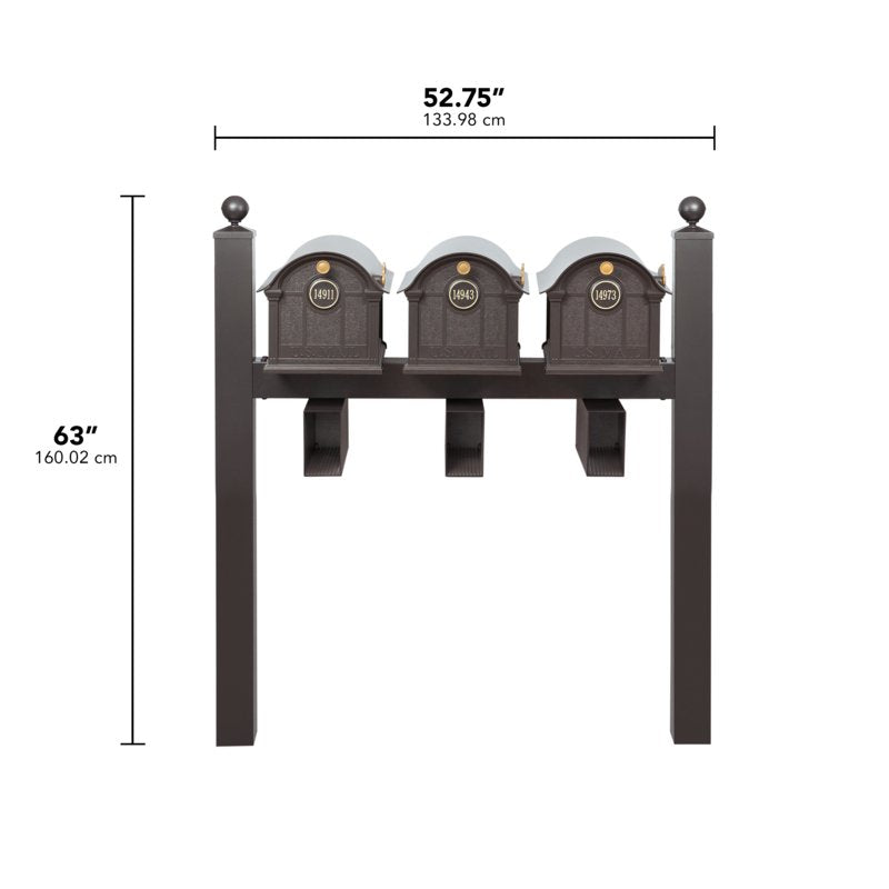 Balmoral Triple Mount Mailbox /w/ Ball Finials, Personalized Door Medallion, Newspaper Box (3 Mailboxes, Tri-Mount Rack, 3 Newspaper Boxes, 3 Medallions)
