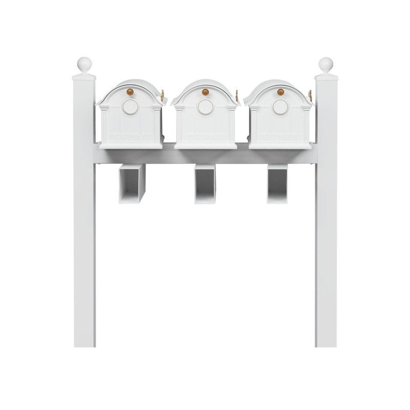 Balmoral Triple Mount Mailbox /w/ Ball Finials, Personalized Door Medallion, Newspaper Box (3 Mailboxes, Tri-Mount Rack, 3 Newspaper Boxes, 3 Medallions)