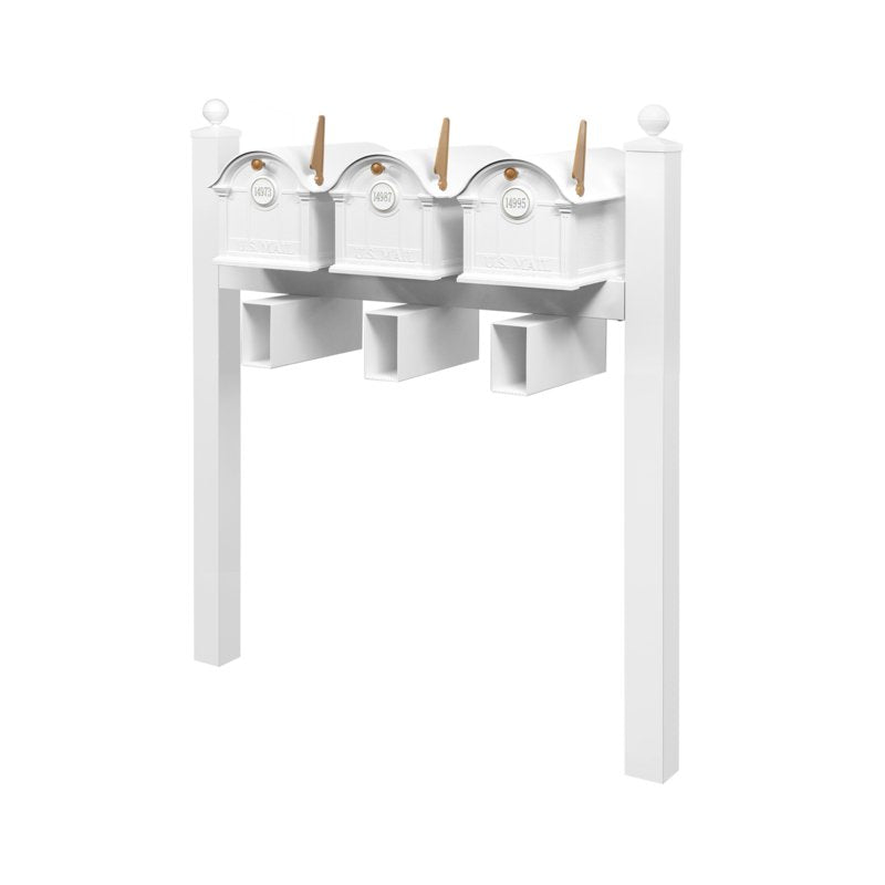 Balmoral Triple Mount Mailbox /w/ Ball Finials, Personalized Door Medallion, Newspaper Box (3 Mailboxes, Tri-Mount Rack, 3 Newspaper Boxes, 3 Medallions)