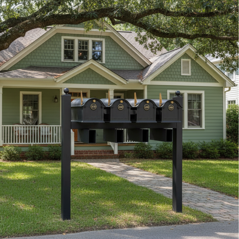Balmoral Quad Mount Mailbox /w/ Ball Finials, Personalized Door Medallion, Newspaper Box (4 Mailboxes, Quad-Mount Rack, 4 Newspaper Boxes, 4 Medallions)