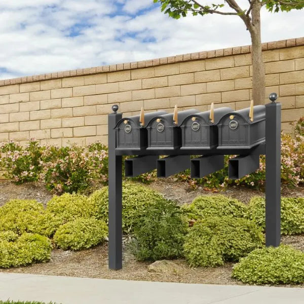 Balmoral Quad Mount Mailbox /w/ Ball Finials, Personalized Door Medallion, Newspaper Box (4 Mailboxes, Quad-Mount Rack, 4 Newspaper Boxes, 4 Medallions)