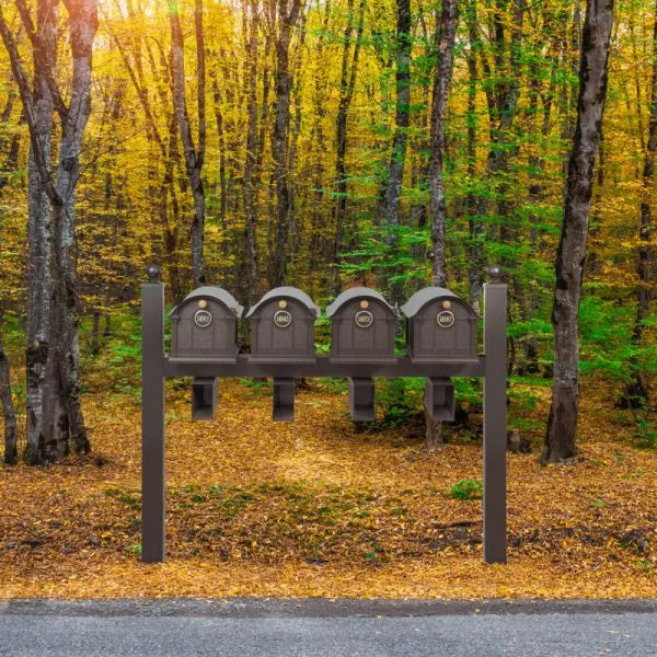 Balmoral Quad Mount Mailbox /w/ Ball Finials, Personalized Door Medallion, Newspaper Box (4 Mailboxes, Quad-Mount Rack, 4 Newspaper Boxes, 4 Medallions)
