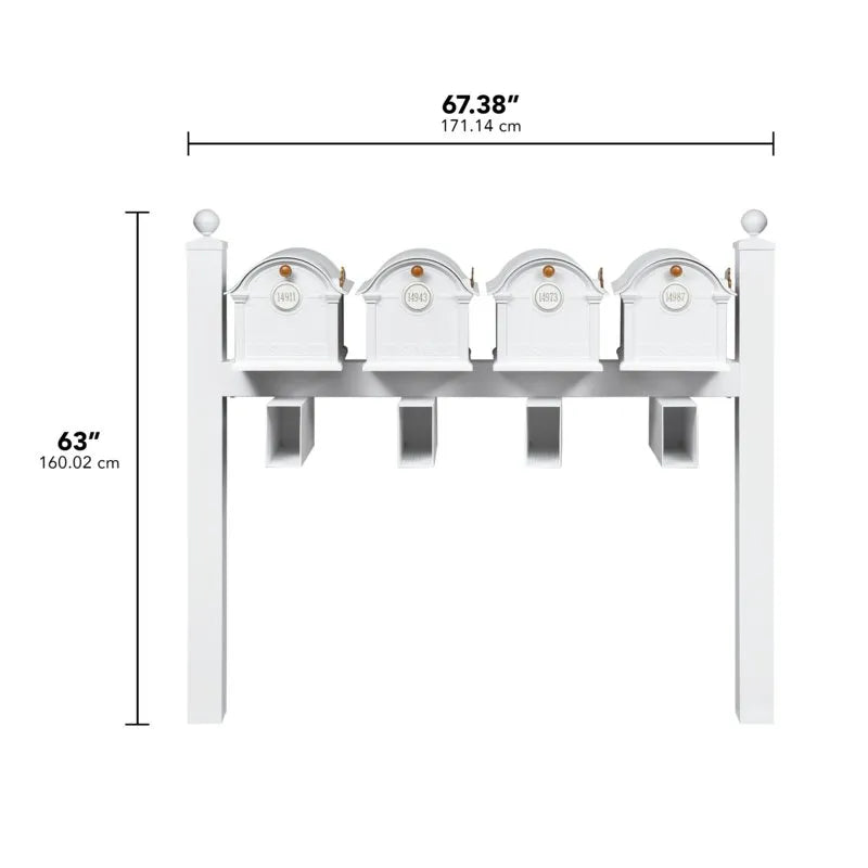 Balmoral Quad Mount Mailbox /w/ Ball Finials, Personalized Door Medallion, Newspaper Box (4 Mailboxes, Quad-Mount Rack, 4 Newspaper Boxes, 4 Medallions)