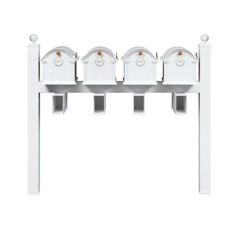Balmoral Quad Mount Mailbox /w/ Ball Finials, Personalized Door Medallion, Newspaper Box (4 Mailboxes, Quad-Mount Rack, 4 Newspaper Boxes, 4 Medallions)