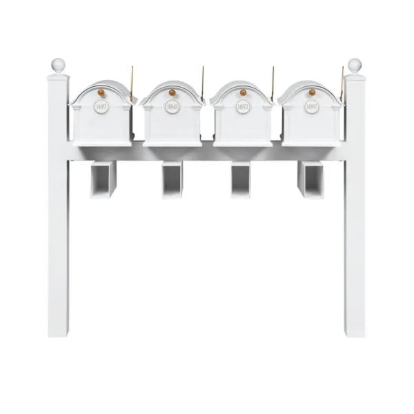 Balmoral Quad Mount Mailbox /w/ Ball Finials, Personalized Door Medallion, Newspaper Box (4 Mailboxes, Quad-Mount Rack, 4 Newspaper Boxes, 4 Medallions)