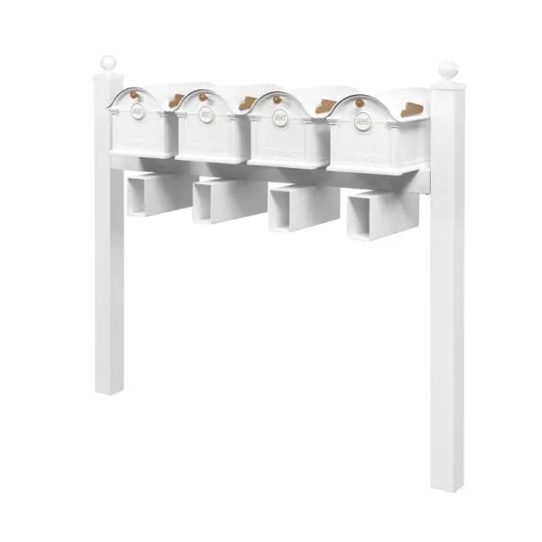 Balmoral Quad Mount Mailbox /w/ Ball Finials, Personalized Door Medallion, Newspaper Box (4 Mailboxes, Quad-Mount Rack, 4 Newspaper Boxes, 4 Medallions)