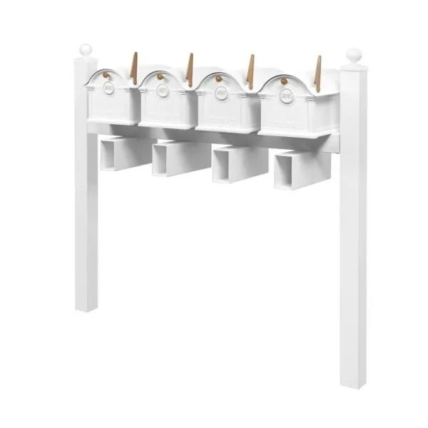 Balmoral Quad Mount Mailbox /w/ Ball Finials, Personalized Door Medallion, Newspaper Box (4 Mailboxes, Quad-Mount Rack, 4 Newspaper Boxes, 4 Medallions)