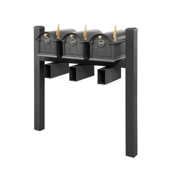 Balmoral Triple Mount Mailbox /w/ Pyramid Caps, Personalized Door Medallion, Newspaper Box (3 Mailboxes, Tri-Mount Rack, 3 Newspaper Boxes, 3 Medallions)