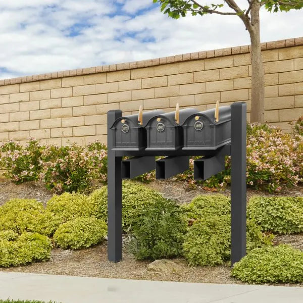 Balmoral Triple Mount Mailbox Pyramid Caps, Personalized Door Medallion, Newspaper Box (3 Mailboxes, Tri-Mount Rack, 3 Newspaper Boxes, 3 Medallions)