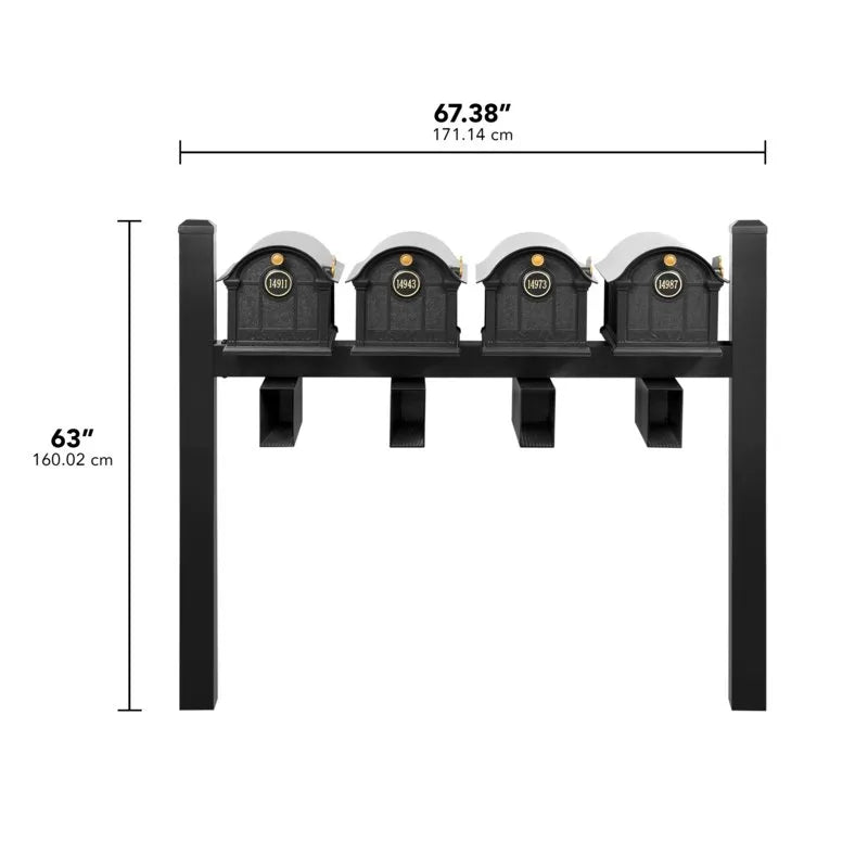 Balmoral Quad Mount Mailbox - Pyramid Caps, Personalized Door Medallion, Newspaper Box (4 Mailboxes, Tri-Mount Rack, 4 Newspaper Boxes, 4 Medallions)