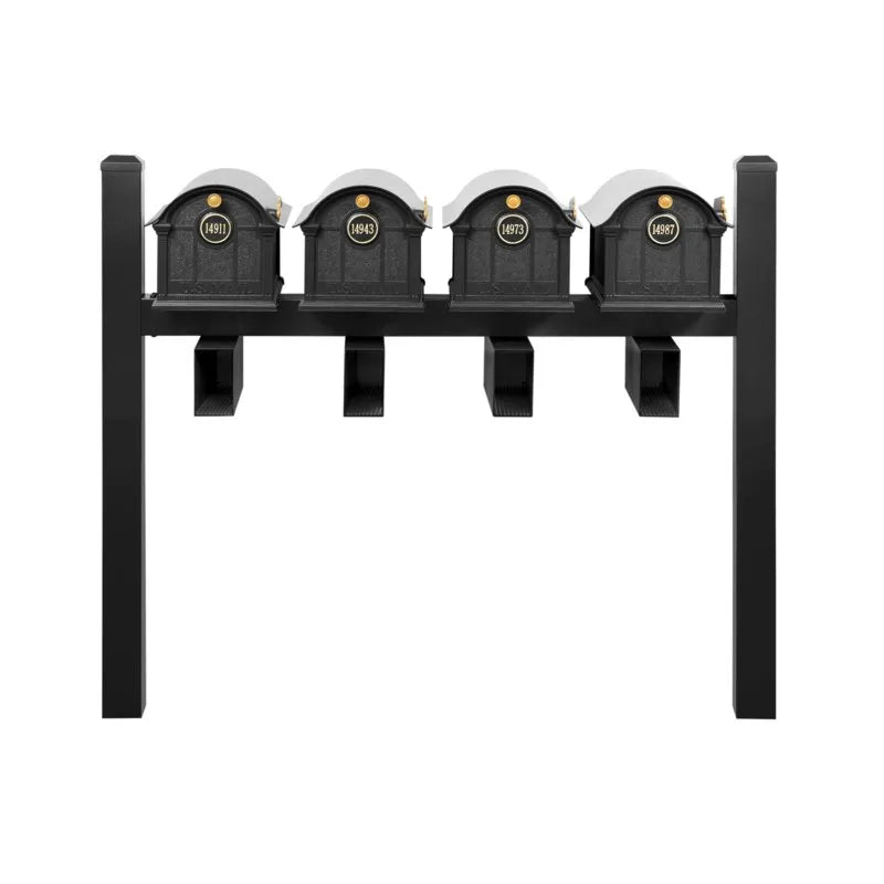 Balmoral Quad Mount Mailbox - Pyramid Caps, Personalized Door Medallion, Newspaper Box (4 Mailboxes, Tri-Mount Rack, 4 Newspaper Boxes, 4 Medallions)