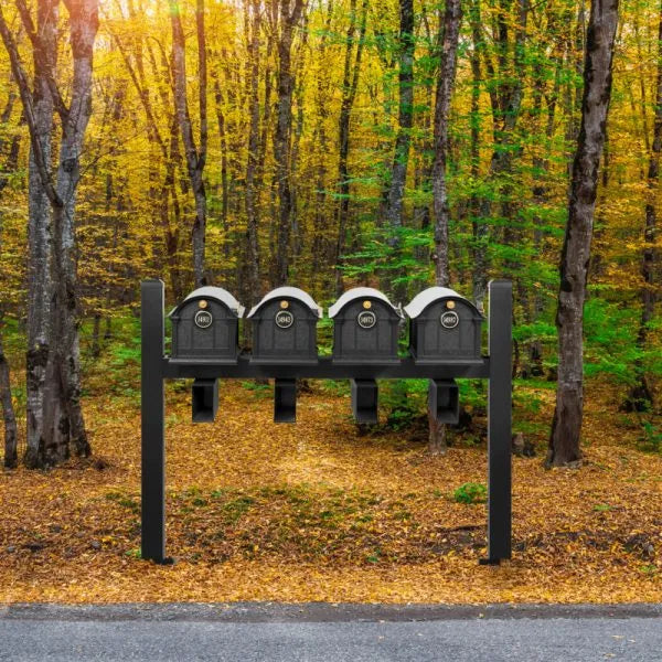 Balmoral Quad Mount Mailbox /w/ Pyramid Caps, Personalized Door Medallion, Newspaper Box (4 Mailboxes, Tri-Mount Rack, 4 Newspaper Boxes, 4 Medallions)