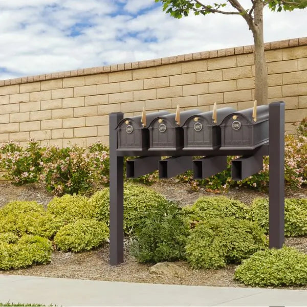 Balmoral Quad Mount Mailbox /w/ Pyramid Caps, Personalized Door Medallion, Newspaper Box (4 Mailboxes, Tri-Mount Rack, 4 Newspaper Boxes, 4 Medallions)