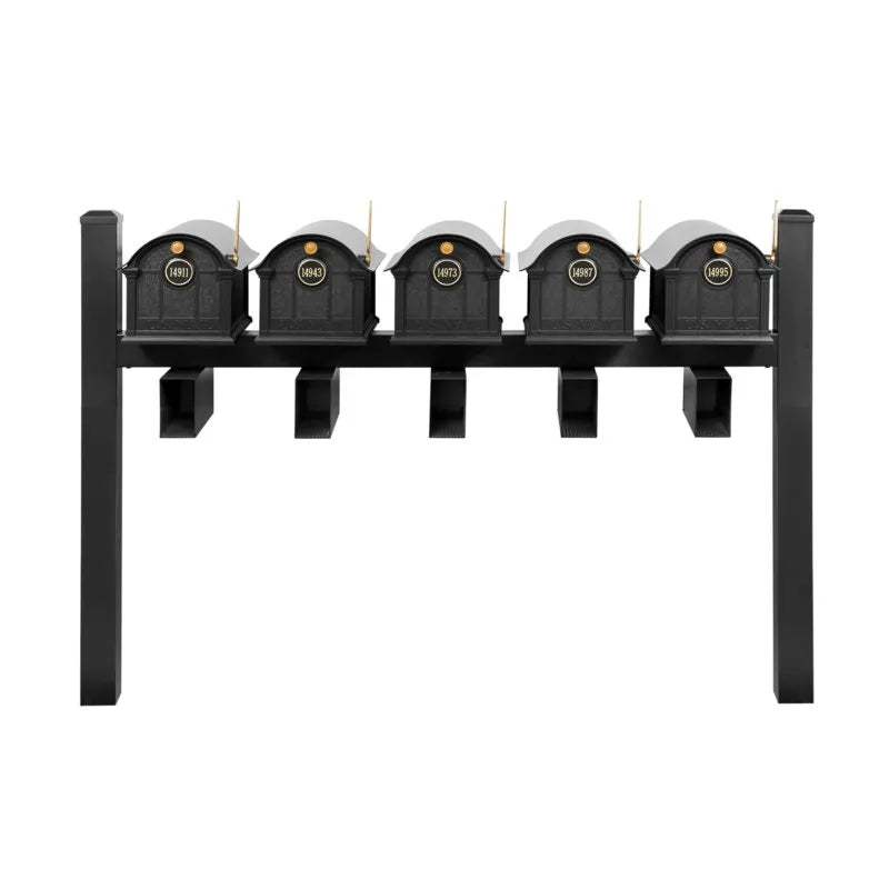 Balmoral Quint Mount Mailbox /w/ Pyramid Caps, Personalized Door Medallion, Newspaper Box (5 Mailboxes, Tri-Mount Rack, 5 Newspaper Boxes, 5 Medallions)