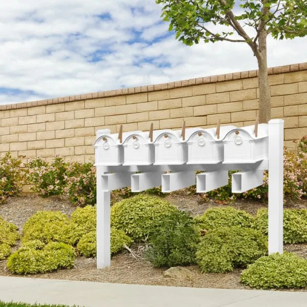 Balmoral Quint Mount Mailbox /w/ Pyramid Caps, Personalized Door Medallion, Newspaper Box (5 Mailboxes, Tri-Mount Rack, 5 Newspaper Boxes, 5 Medallions)