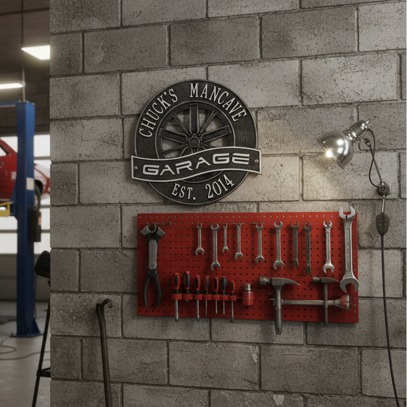 Racing Wheel Garage Plaque - Standard Wall - Two Line